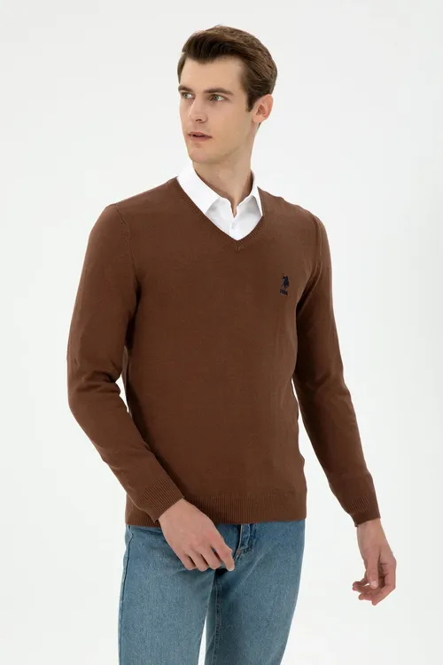 Erkekler üçin Slim Fit V ýaka mele reňkli bazis switer 50288881-VR029 - 36660967