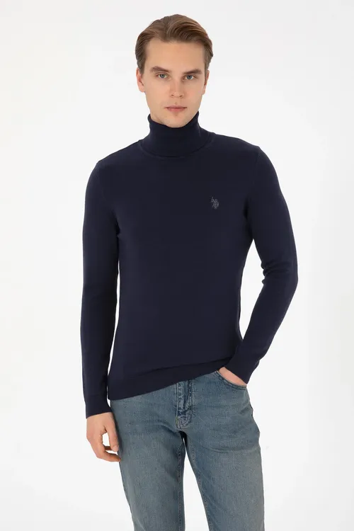 Erkekler üçin Slim Fit ýokary ýaka goýy gök bazis switer 50313640-VR033 - 36660789