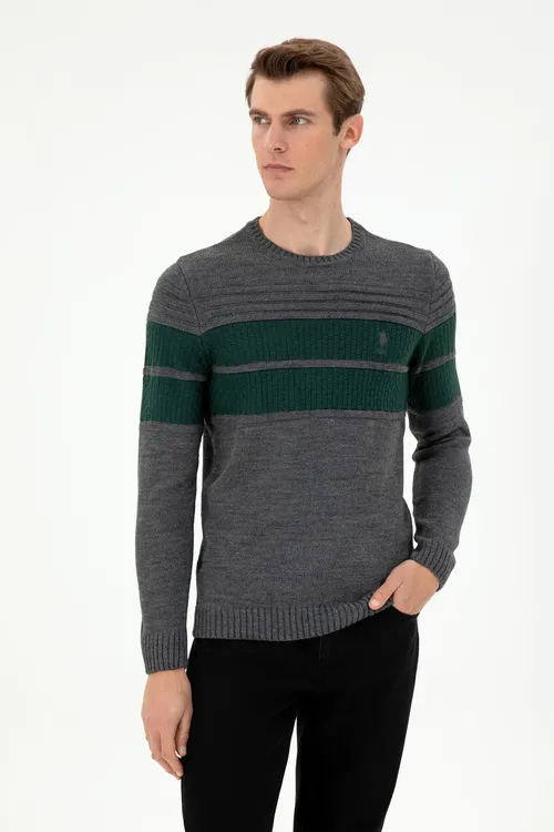 Erkekler üçin Slim Fit ýarym tegelek ýaka antrasit melanj switer 50293041-VR081 - 36660922