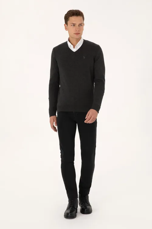 Erkekler üçin Slim Fit V ýaka antrasit melanj bazis trikotaj switer 50313662-VR081 - 36660624 — surat 4/7