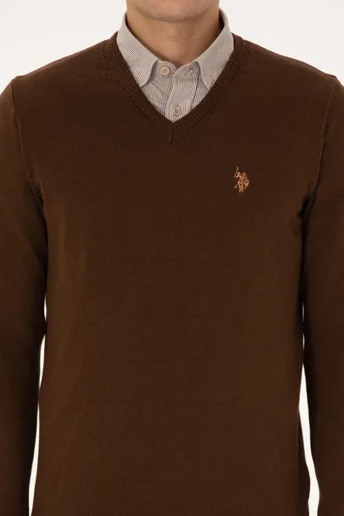 Erkekler üçin Slim Fit V ýaka mele reňkli bazis trikotaj switer 50313662-VR029 - 36660622 — surat 6/7