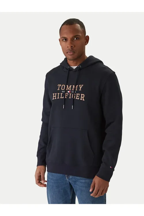 Erkek adamlar üçin adaty biçüwli kapüşonly logo gabartmaly uzyn ýeňli goýy gök sweatshirt MW0MW42528-DW5 - 33429541