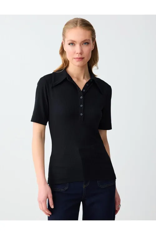 Gara polo ýakaly üç çärýek ýeňli trikotaž bluzka - 34155527