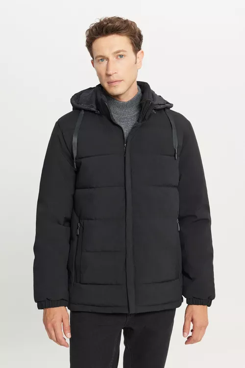 Erkekler üçin kapüşonly Standard Fit gara ýyly palto - 29750151