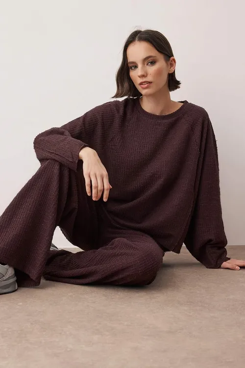 Goňur reňkli, dokma görnüşli, Oversize/giň ölçegli, çeýe trikotaj toplum (üst we aşak) TWOAW26AU00134 - 29852488