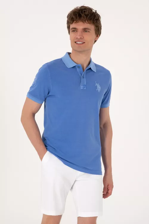 Erkek adam indigo ýuwulan görnüşli Slim Fit polo ýakaly basic futbolka - 27544108