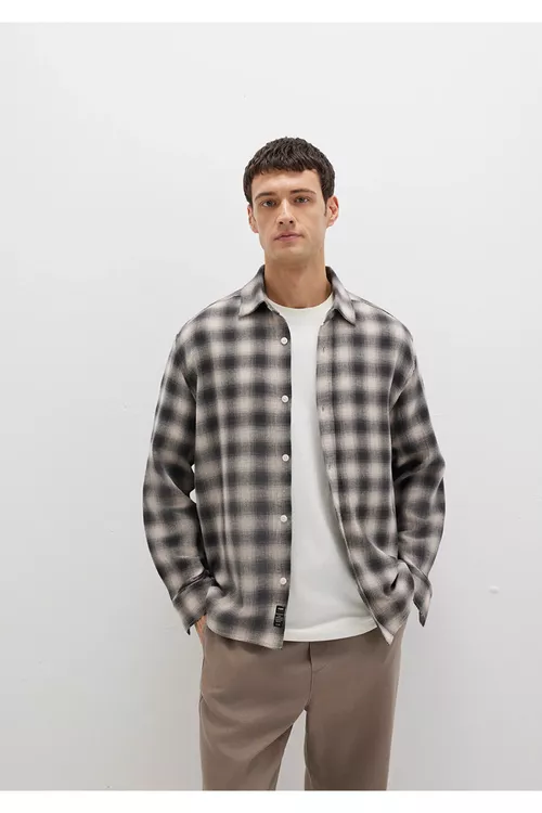 Çal reňkli Loose Fit kletka köýnegi - 28933356