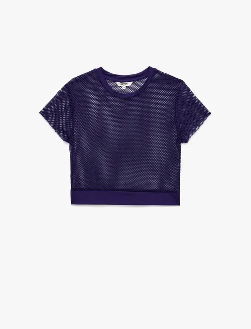 Ýeňsiz Tegelek Ýaka Sport Crop Kapron Tişört - 29268805