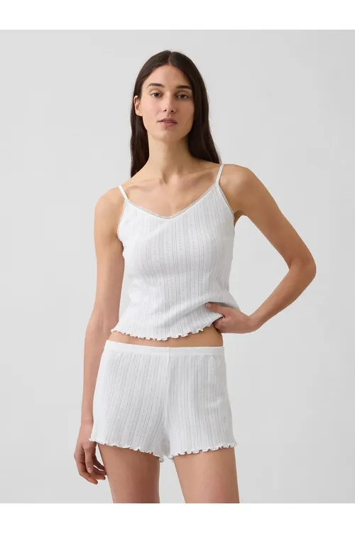 Aýallar üçin ak nagyşly tolkunly etekli gysga asgyçly pižama köýnekçesi Pointelle Lettuce-Hem Crop Cami - 36666814