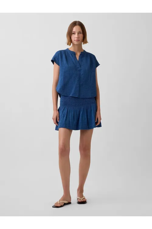 Aýallar üçin gök bürgük belli pagta muslin gysga jinsi balajyk Smocked Waist Mini - 36667119