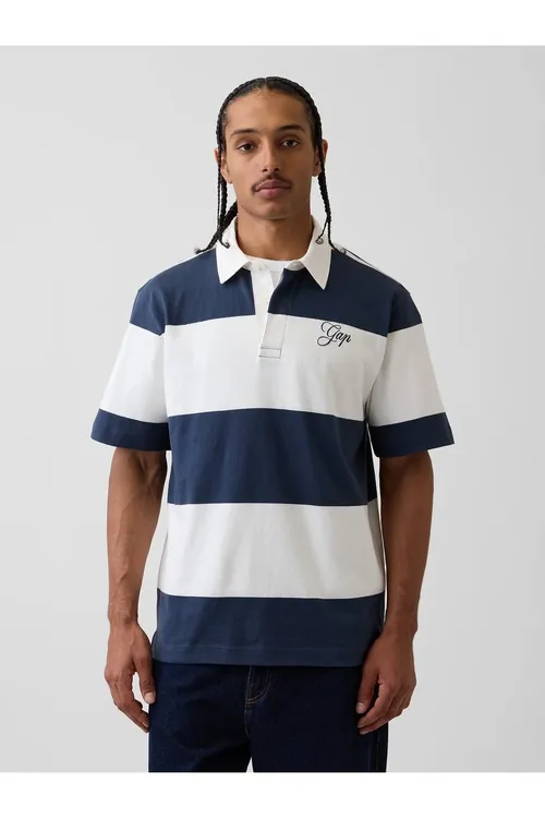 Erkekler üçin goýy gök giň regbi nusgaly logotipli polo futbolka Relaxed Logo Rugby Polo - 36667002