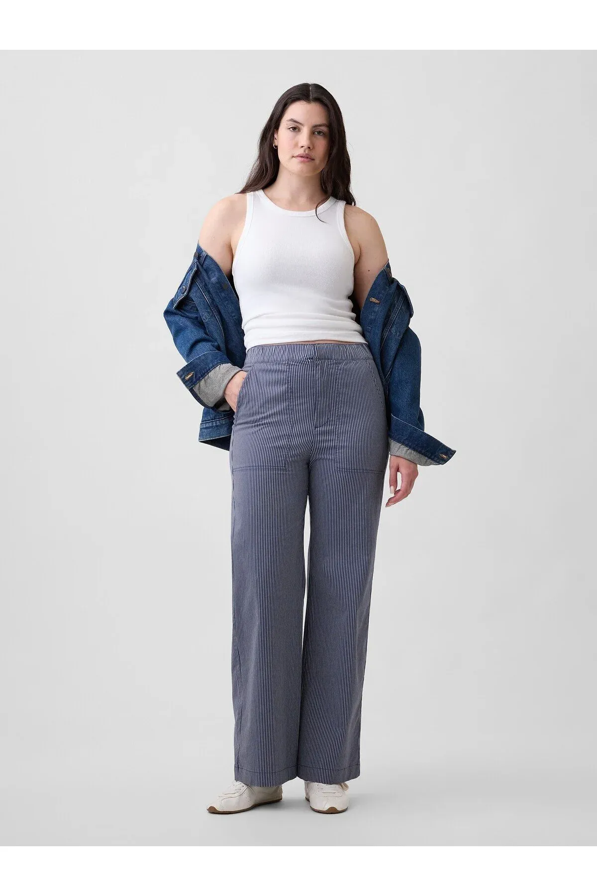 Aýallar üçin gök beýik bili nagyşly amatly giň haki balak High Rise Easy Wide-Leg - 36667243 — surat 4/7