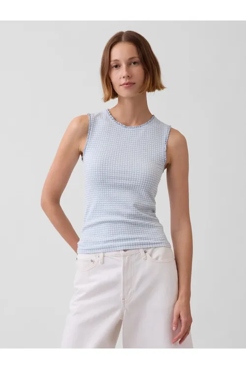 Aýallar üçin açyk gök öýjük-öýjük nagyşly ýeňsiz kofta Gingham Pointelle Shell - 36667242