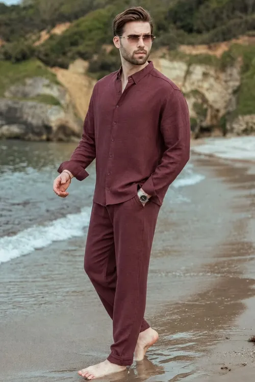 Bordo, giňiş kesimli, zygyr erkek köýnekçe we balak kostýumy E7362 - 35809592