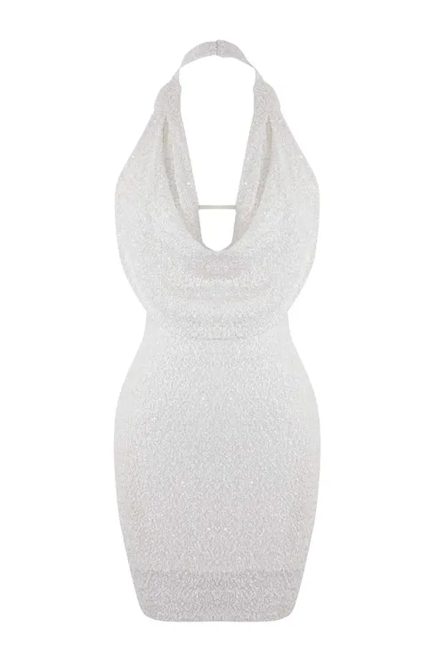 Ak reňkli, düz örme paýetli, mini astarly dabaraly köýnek - 34059606