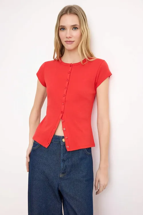 Gyzyl, ilikli, bedene oturýan (fitted) örme bluzka - 34059665