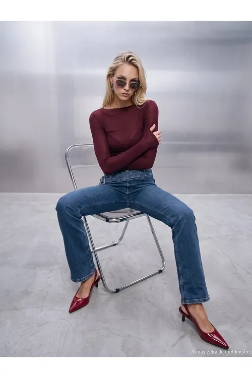 72355 Guşak detallary bolan bootcut jinsi - Gök - 36676549