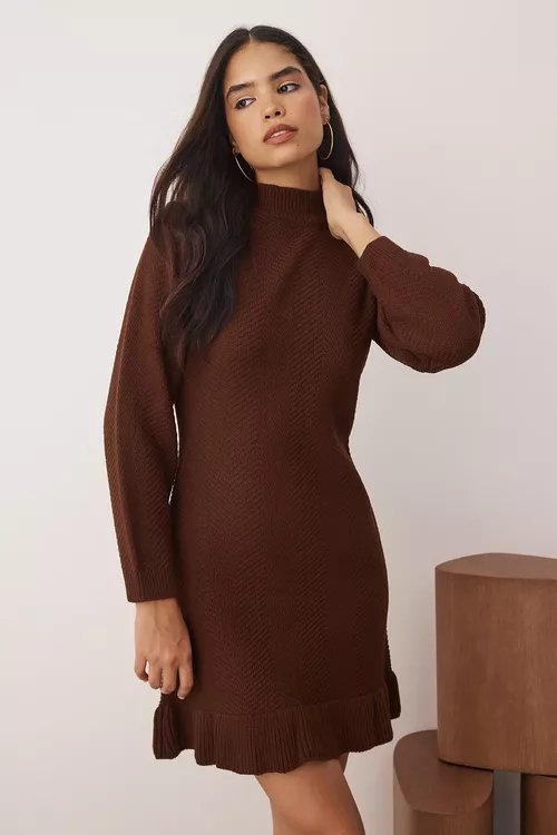 Goñur reňkli, düz gysga / mini, fyrfyrly we dik ýakaly trikotaž köýnek TWOAW26EL00099 - 28922267