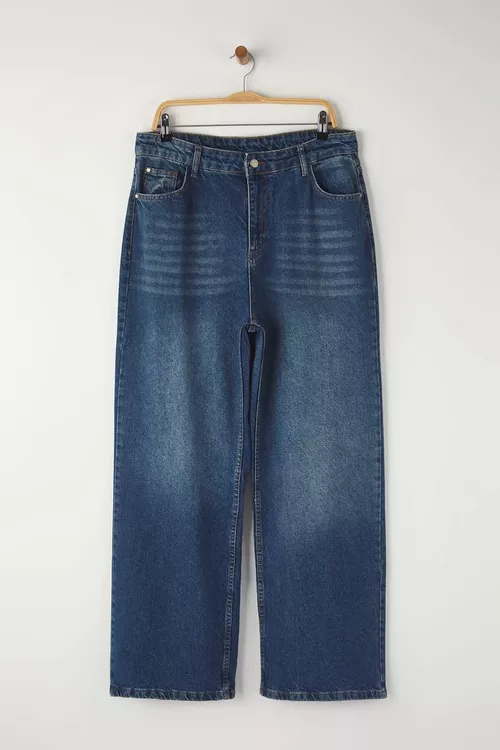 Mawy belent billi giň ýanly denim uly ölçegli jeans TBBSS24CJ00028 - 28997741