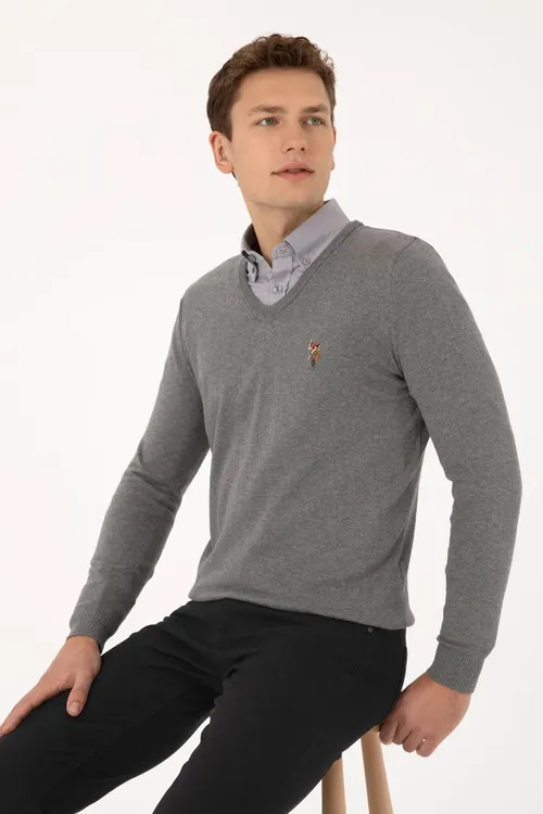 Erkek Slim Fit V Ýaka Çal Melanj Basic Jempir 50307778- Vr086 - 36682236 — surat 3/7
