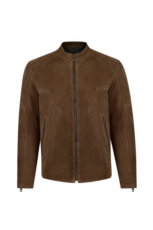 Musıala gyzgylt sary reňkli, sydyrmaly, Slim-Fit zamşa deri erkek penjegi 26WGD661510 - 36680154