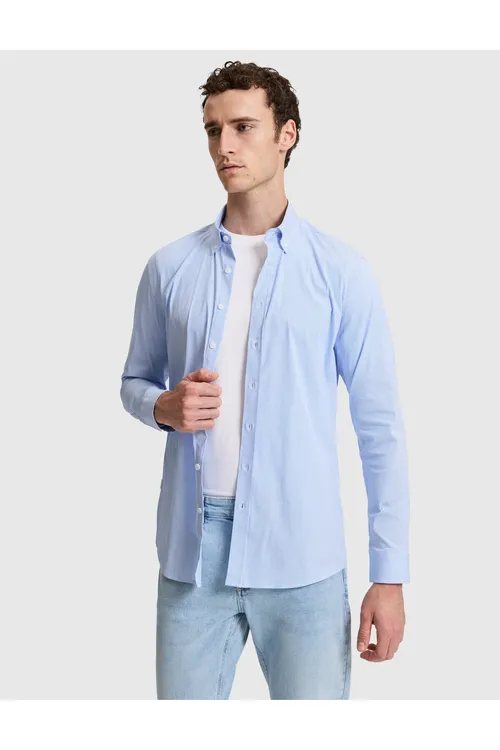 Gök zolakly Slim Fit uzyn ýeňli köýnek 50320890-VR036 - 36678752