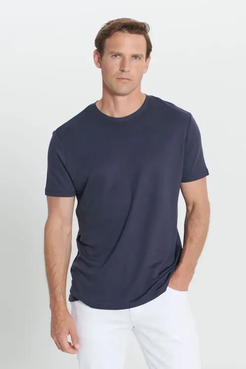 Erkekler üçin ýumşak dokumaly, Slim Fit dar biçüwli, tegelek ýakaly goýy gök futbolka - 36676788