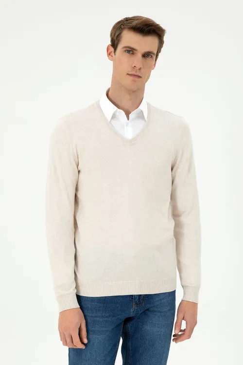 Erkekler üçin krem melanž Slim Fit dar biçüwli V-şekilli ýakaly esasy jemper 50294764-VR159 - 36682622