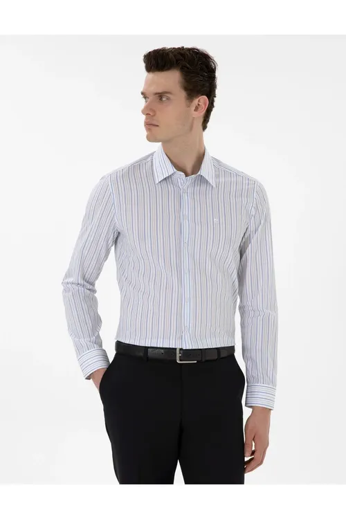 Gök zolakly dar biçimli Slim Fit uzyn ýeňli köýnekçe 50304538-VR036 - 36681821