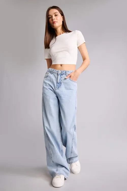 Açyk indigo wide leg ýokary billi balak 100% pagta H6905AX26AU - 36686416