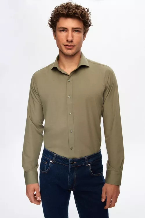 Haki reňkli italýan ýakaly Slim Fit köýnek - 10946994