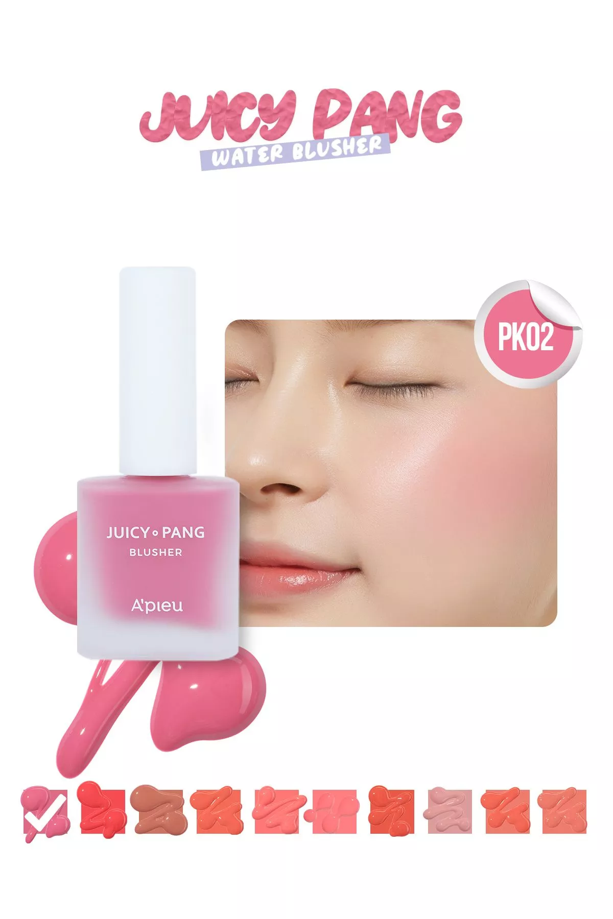 Tebigy görnüş berýän çyglandyryjy suwuk ýaňak boýagy 9g. APIEU Juicy-Pang Water Blusher (PK02) - 21782419 — surat 1/6