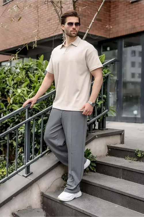 Erkekler üçin daş reňkli polo ýakaly Oversize futbolka E7185 - 34254687