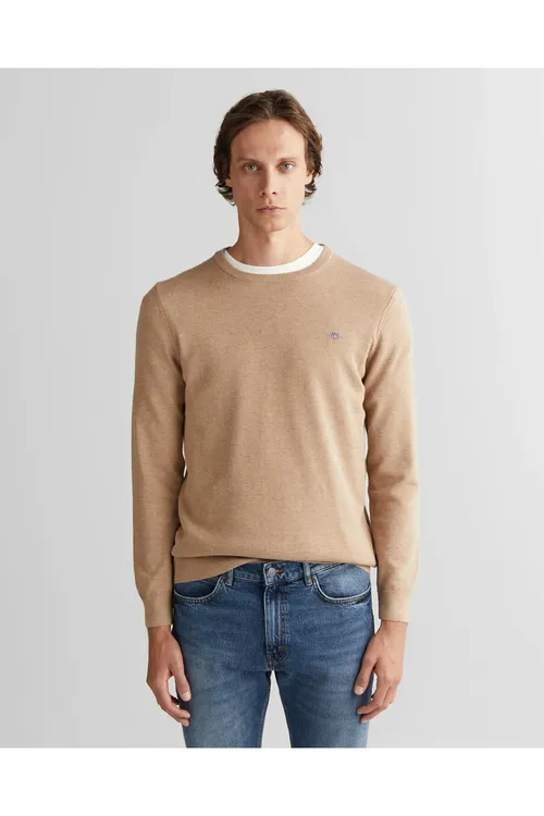 Erkekler üçin tegelek ýakaly Regular Fit sarymtyl-goňur switer - 33659185