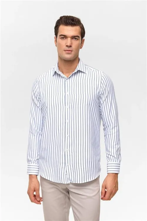 Goýy gök Regular çyzykly klassyk ýakaly köýnek - 33245030