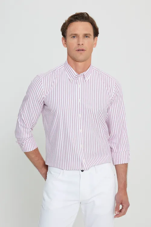 %100 pagta Slim Fit düwmeli ýakaly armürli ak-bordo köýnegi - 34075494