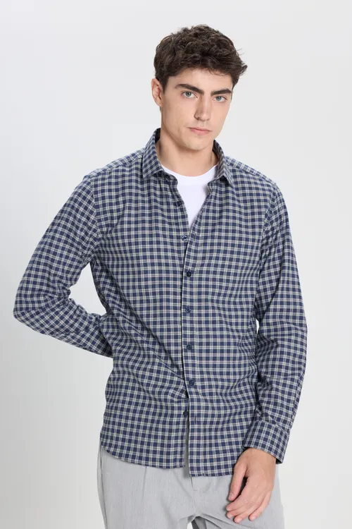 %100 pagta Slim Fit düwmeli ýakaly öýjükli flanel goýy gök-bež köýnegi - 34075495