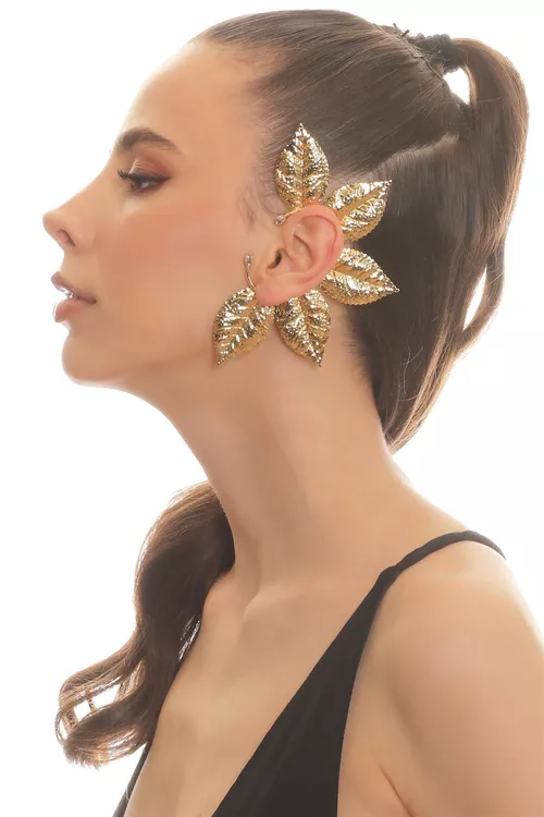 Aýallar üçin altyn reňkli lak çaýylan sirkon daşly nagyşly ýaprak şekilli çep gulak earcuff we gykyrdak gulakhalkasy - 19345895