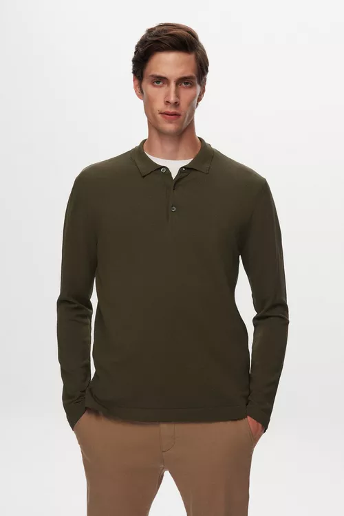 Haki reňkli pagta trikotaž Slim Fit jemper - 19871496