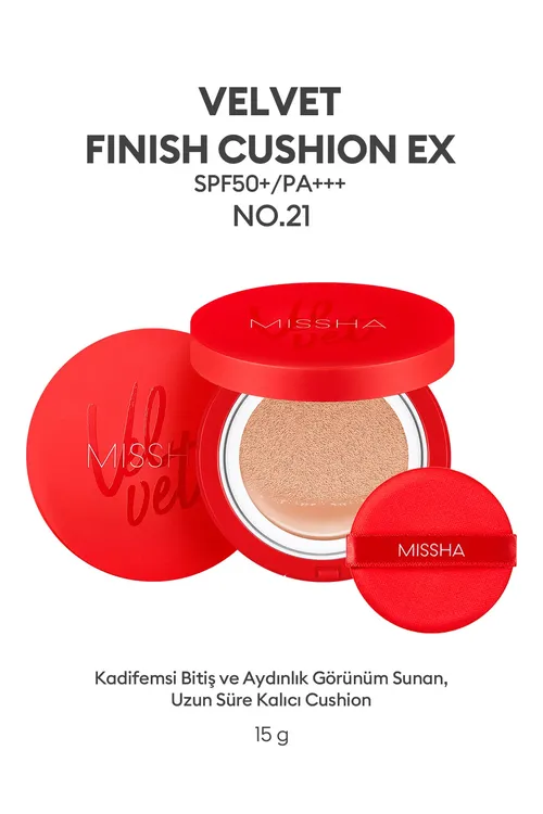 Mahmal mat görnüş berýän kuşon tonal esasy 15g Velvet Finish Cushion SPF 50 No.21 - 34171437