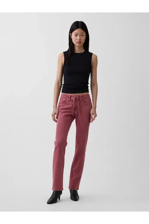 Aýallar üçin gülgüne reňkli pes belli çekene bezegli '90s Slim jins balak - 34258256