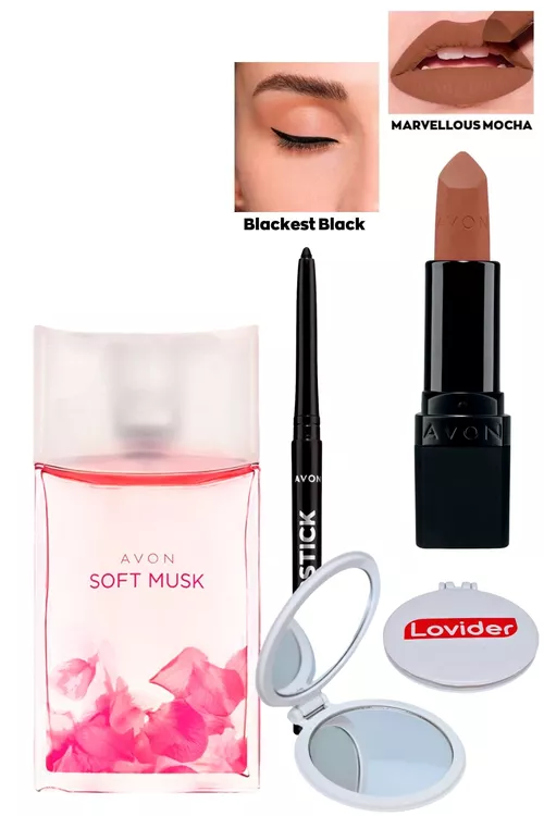 Soft Musk aýallar atyry + Gara göz galamy + Marvellous Mocha mat dodak boýagy + Lovider jübi aýnasy - 21326303