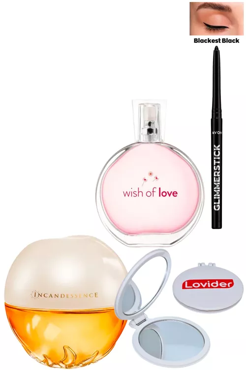 Toplum: Incandessence 50ml + Wish Of Love 50ml aýallar parfýumy + gara göz galamy + Lovider jübi aýnasy - 21829654