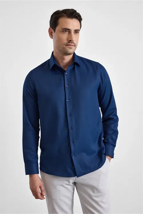 Goýy gök reňkli, klassyk ýakaly Regular Casual köýnek - 34260015