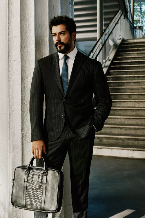 Slim fit dar biçimli pýjak ýakaly çyzykly torba jebikli goýy gök - çal kostýum - 25909268