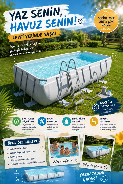 Avenli metal çüňkli dik burçly basseyin, filtr nasos toplumy we merdivenli 400 x 200 x 99 sm - 36138187