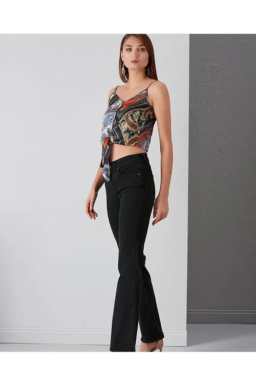 A129783 Garaňky gara aýallar üçin ýokary bil ispanyol aşaky Wide Leg <div> jins jalbar - 36023958