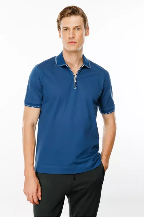Erkekler üçin syrmaly dury-gök polo futbolkasy - 25359923