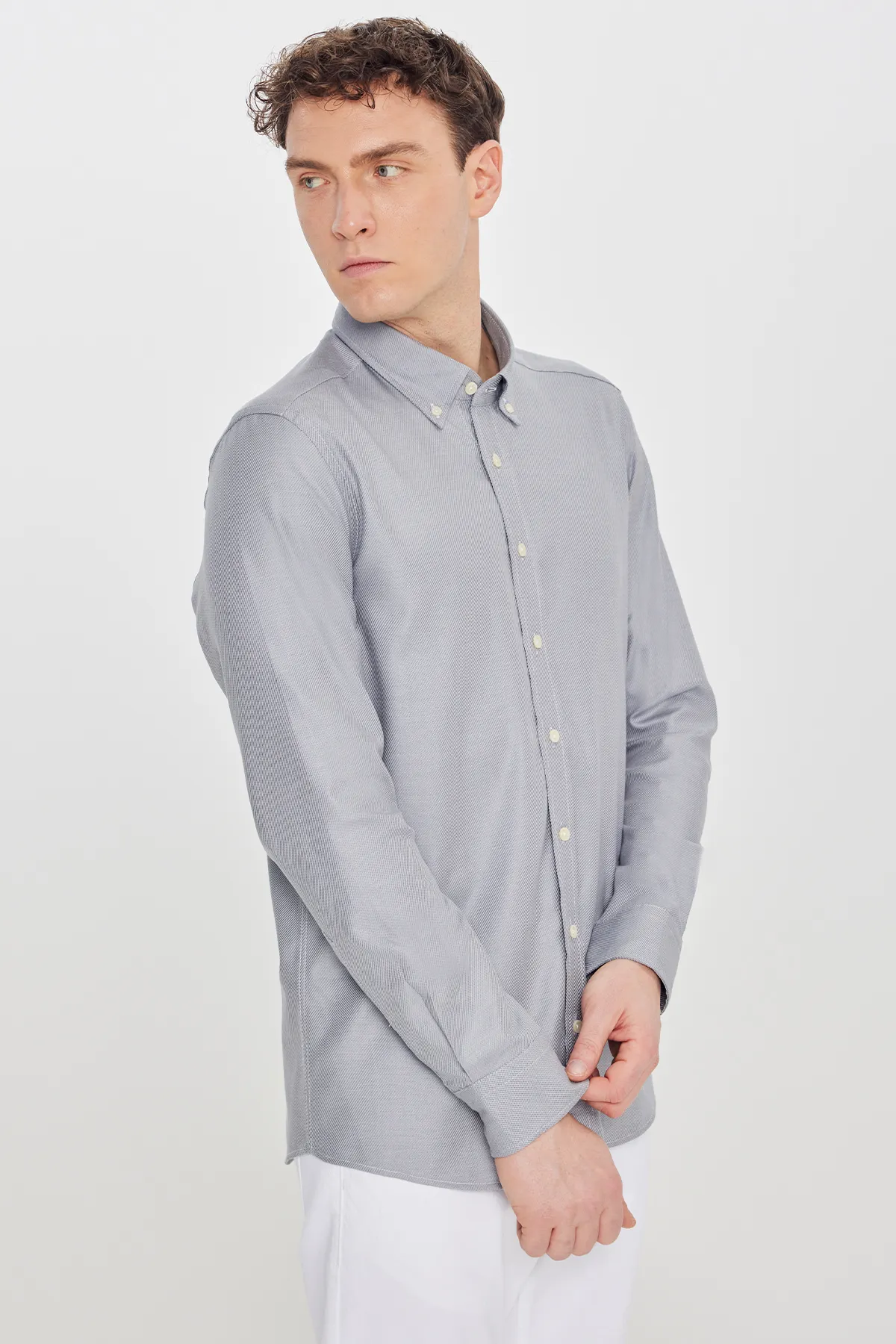100% pagta Slim Fit dar kesim ildekli ýakaly diagonal degenli armürli çal köýnek - 34176064 — surat 3/5