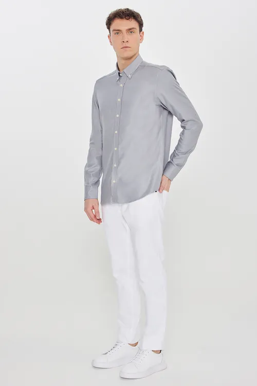 100% pagta Slim Fit dar kesim ildekli ýakaly diagonal degenli armürli çal köýnek - 34176064 — surat 2/5